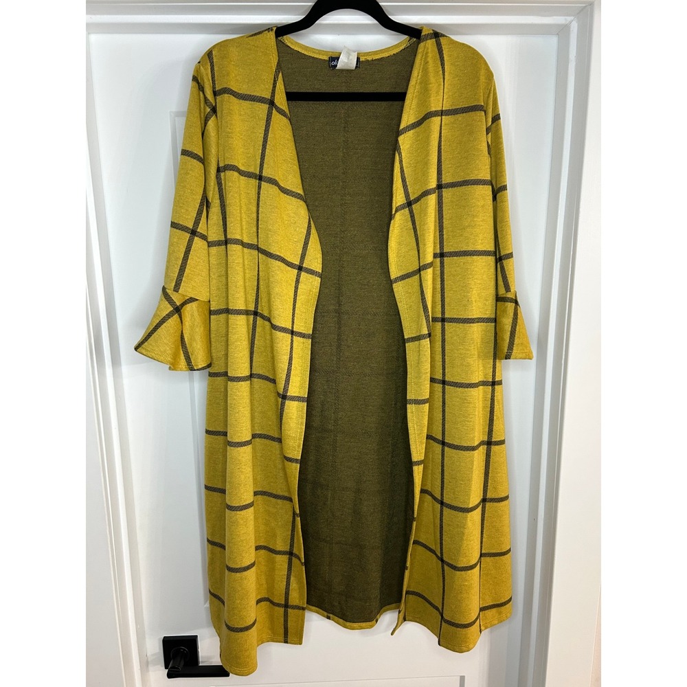 Olivia Blu Mustard Yellow Windowpane Plaid Bell Sleeve Longline Cardigan XL